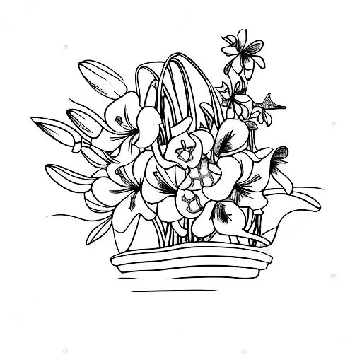 a fine line bouquet of gladiolus, snowdrop, honeysuckle and cherryblossom tattoo design idea