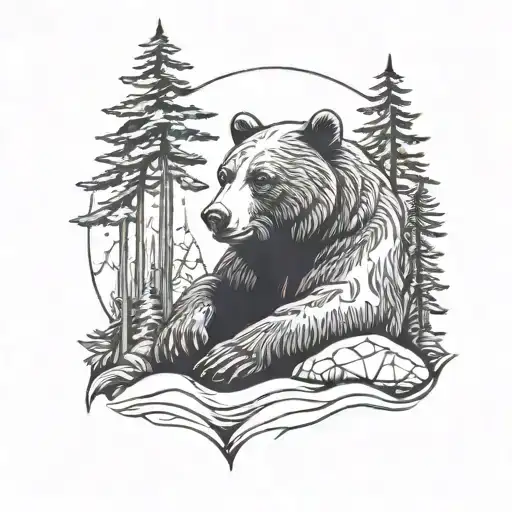 A bear meditating in a serene forest setting, symbolizing inner strength and peace tattoo design idea