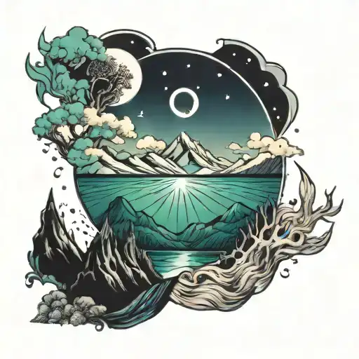 mountains sun opposite aurora borealis ying yang tattoo design idea