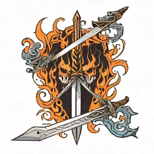 flaming sword cutting through a demon tattoo design idea