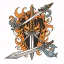 flaming sword cutting through a demon tattoo design idea