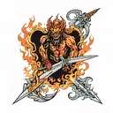 flaming sword cutting through a demon tattoo design idea