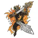 flaming sword cutting through a demon tattoo design idea
