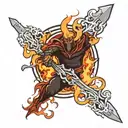 flaming sword cutting through a demon tattoo design idea