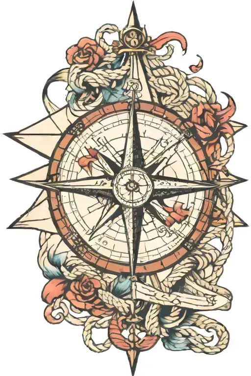 compass rose, rope, anchors on a nautical chart merging tattoo design idea