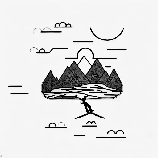 A minimalist tattoo of a longboard rider gliding through a forest with misty mountains in the background, symbolizing freedom and the harmony of nature. tattoo design idea