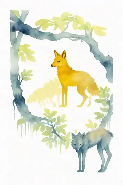 Yellow ipe with maned wolf coming out from behind the tree tattoo design idea