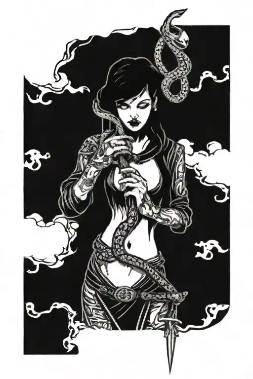 Lilith holding a snake and a dagger in a mysterious pose tattoo design idea