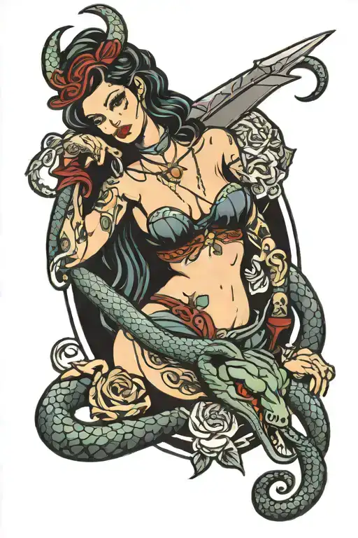 Lilith holding a snake and a dagger in a mysterious pose tattoo design idea