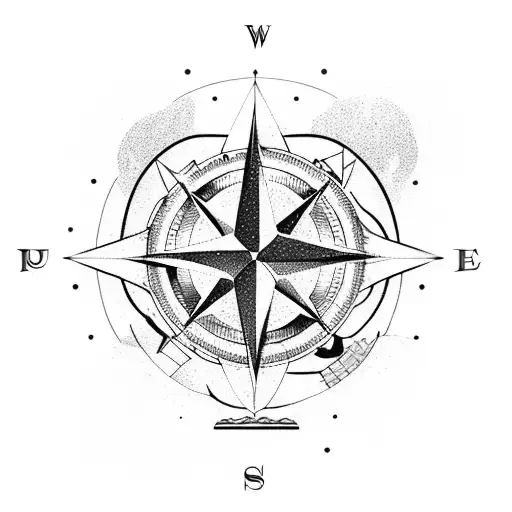 A compass surrounded by various outdoor elements like trees, mountains, and a tent tattoo design idea