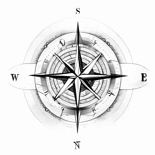 A compass surrounded by various outdoor elements like trees, mountains, and a tent tattoo design idea