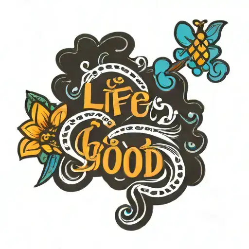 "Life is Good" in hippie font with bubble letters tattoo design idea