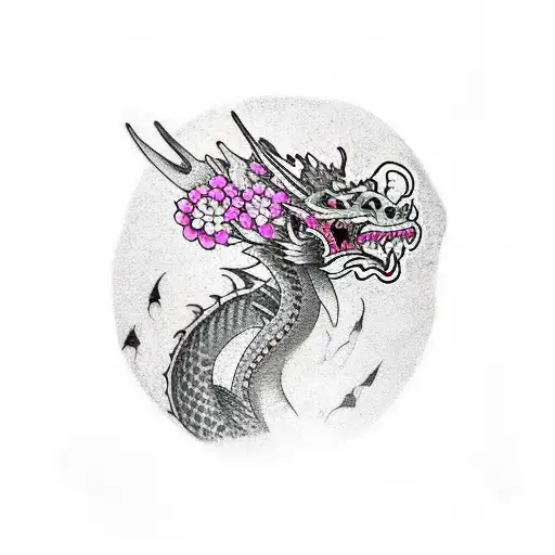 spine tattoo of a dragon with pink flowers around him tattoo design idea