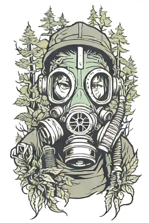 kid wearing gas mask in a forest with boreal aurora tattoo design idea