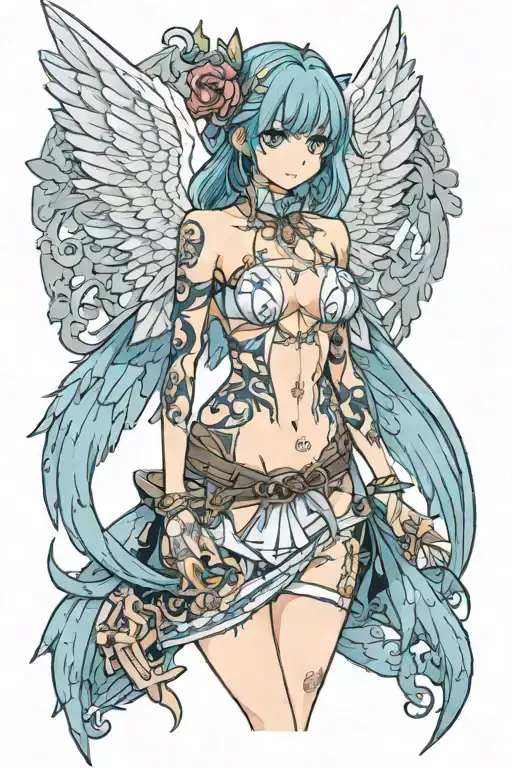Topless with nipples Anime Angel  tattoo design idea