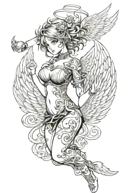 Topless with nipples Anime Angel  tattoo design idea