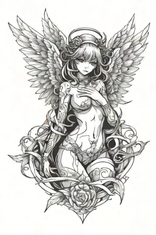 Topless with nipples Anime Angel  tattoo design idea