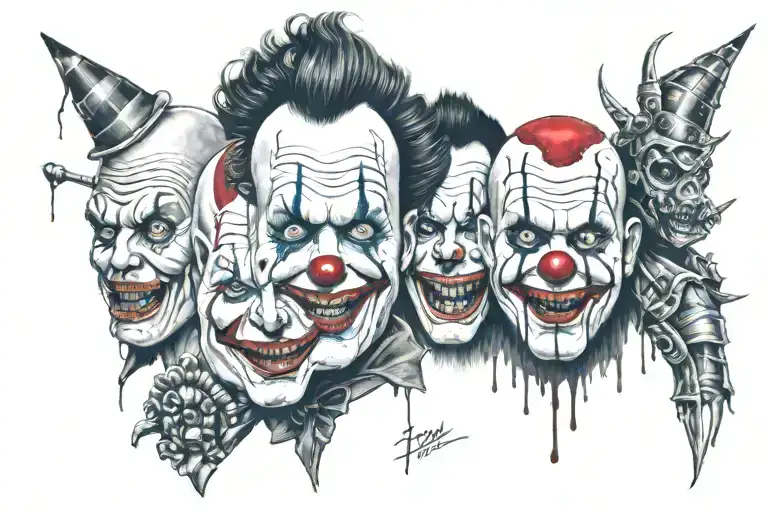 horror theme with art the clown, mick taylor, pinhead and other horror villains tattoo design idea