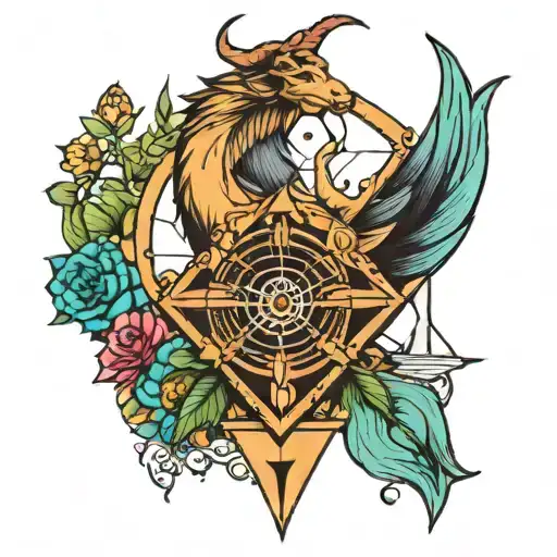 Capricorn geometric arrow mixed with devil tarot card in color on the back of the arm tattoo design idea