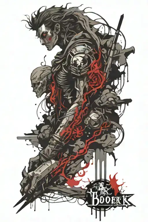 Create a tattoo from the brands designs from Berserk, Doom, Bloodborne and Penitent One from Blasphemous.  tattoo design idea