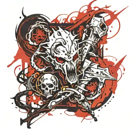 Create a tattoo from the brands designs from Berserk, Doom, Bloodborne and Penitent One from Blasphemous.  tattoo design idea