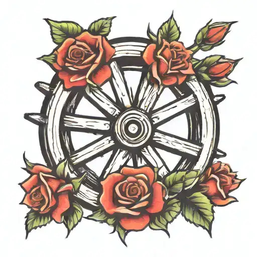 Wagon wheel with roses  tattoo design idea