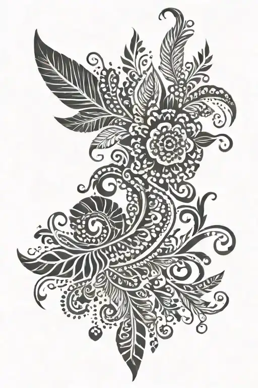 henna inspired patterns with small feathers at the bottom tattoo design idea