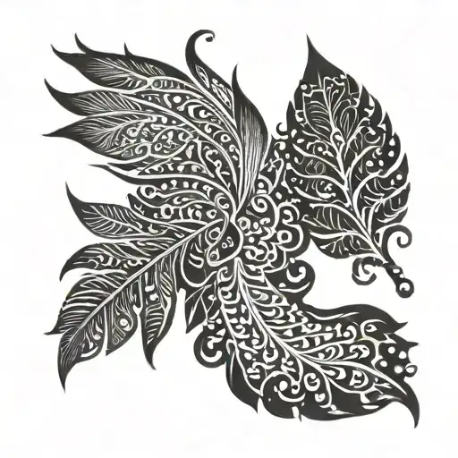 henna inspired patterns with small feathers at the bottom tattoo design idea