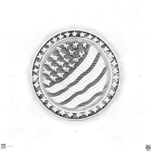 An American flag made entirely out of wooden planks, with the stars carved in a dotwork style tattoo design idea