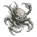 a grotesque creature with a humanoid head, deformed and fused with spider-like features. tattoo design idea