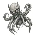 a grotesque creature with a humanoid head, deformed and fused with spider-like features. tattoo design idea