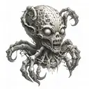 a grotesque creature with a humanoid head, deformed and fused with spider-like features. tattoo design idea