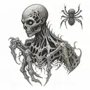 a grotesque creature with a humanoid head, deformed and fused with spider-like features. tattoo design idea