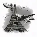 simple plane flying over eiffel tower tattoo design idea