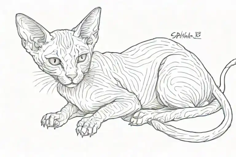The sphinx cat is half lying on its left side and looking slightly below the observer tattoo design idea