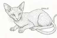 The sphinx cat is half lying on its left side and looking slightly below the observer tattoo design idea