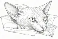 The sphinx cat is half lying on its left side and looking slightly below the observer tattoo design idea