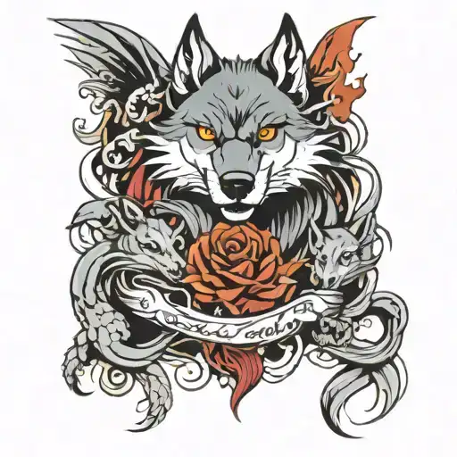 Family,acting, wolf, dragon wrapped tattoo design idea