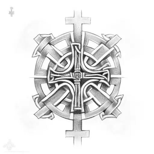 A Celtic cross intertwined with symbols representing famous literary works tattoo design idea
