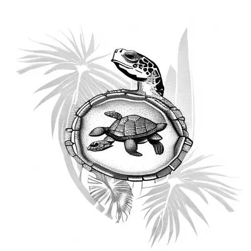 Swimming turtle with palm trees in the background tattoo design idea