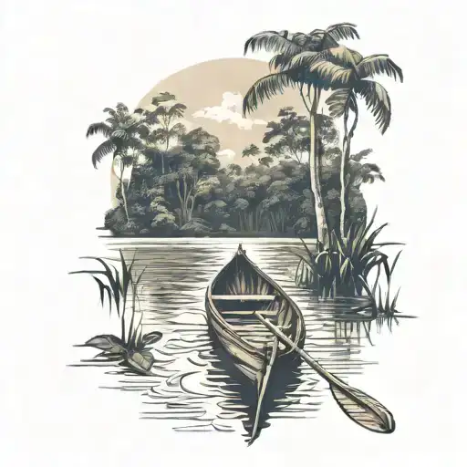 POV view of the end of a wooden canoe boat on the Amazon river with trees and the rainforest in the back tattoo design idea