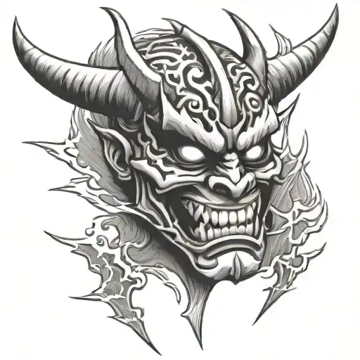 oni mask split in half with lightning striking tattoo design idea