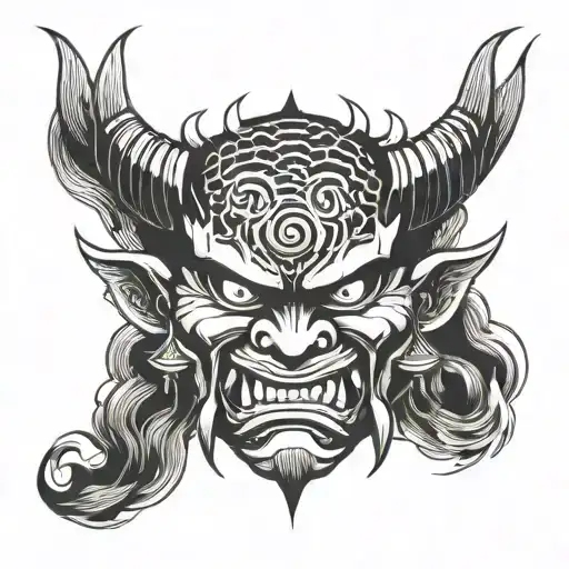 Japanese oni mask with lightning down the middle tattoo design idea