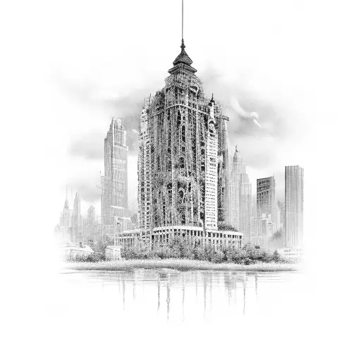 a dilapidated old skyscraper with corpses of people hanging from it tattoo design idea