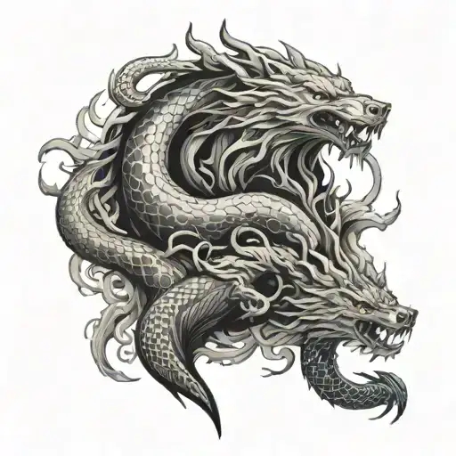 Combine elements of a wolf, dragon, and snake in a mythical underworld scene tattoo design idea
