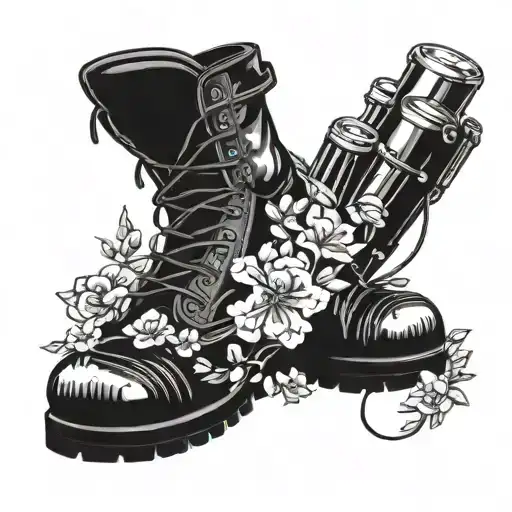 dads work boots sitting with tools and a beer behind or near it and flowers growing out of the boots. tattoo design idea
