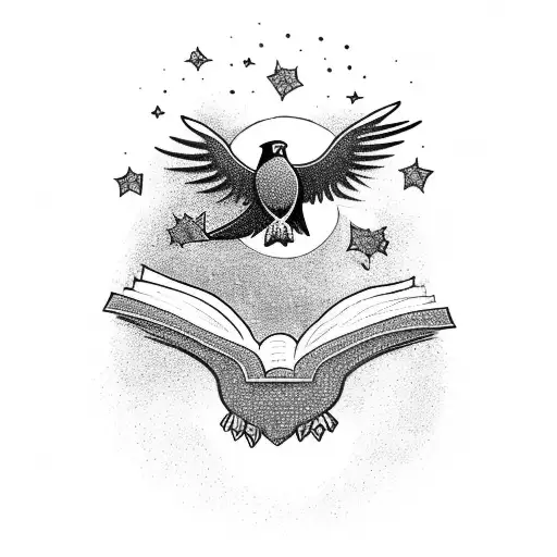 A mystical scene of a reading teacher under a starlit sky, with a hawk soaring above, representing wisdom and freedom tattoo design idea