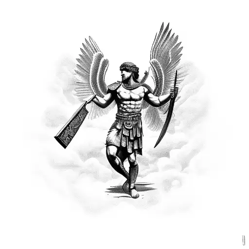 A powerful design of a Greek warrior holding a book, surrounded by symbols of love and strength, under the watchful eye of a hawk in flight tattoo design idea