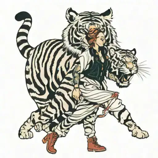 girl walking a tiger tattoo design idea