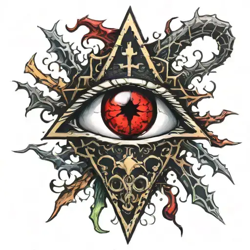 Dark black broke Satanic cross Realistic Eye, cracked and bleeding. dark black and blood red. golden cross. demonic tattoo design idea